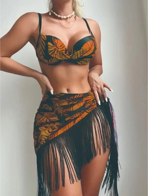 Bikini 3 pièces imprimé tropical avec jupe à franges - maillot de bain femme GoHappy