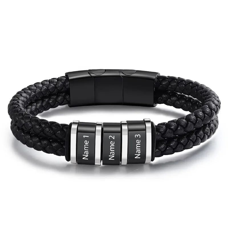 Bracelets Cuir Acier Personnalisé Gravure Prénoms Famille