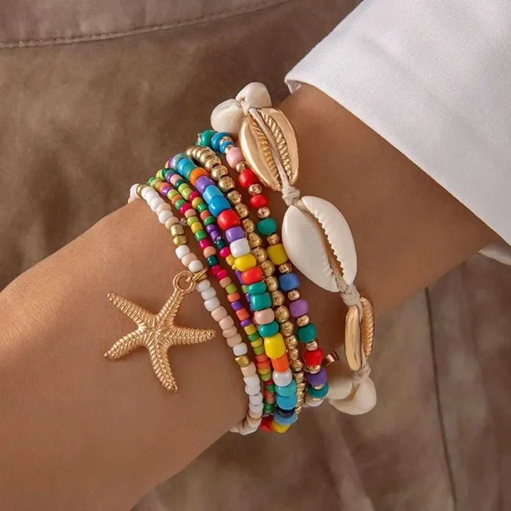 Set Bracelets Coquillage Perles Riz Étoile Mer Bohème Fait Main - Bracelets GoHappy