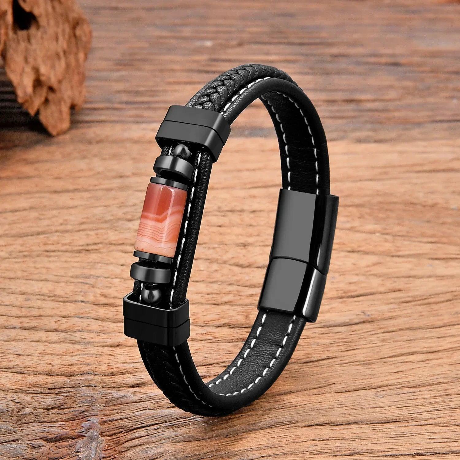 Bracelet Cuir Style et Bien-être en Pierres Naturelles pour Homme