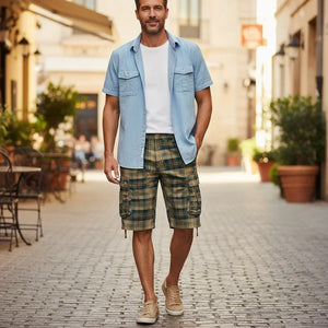 Short cargo homme été coton multipoches plage carreaux - Shorts cargo GoHappy