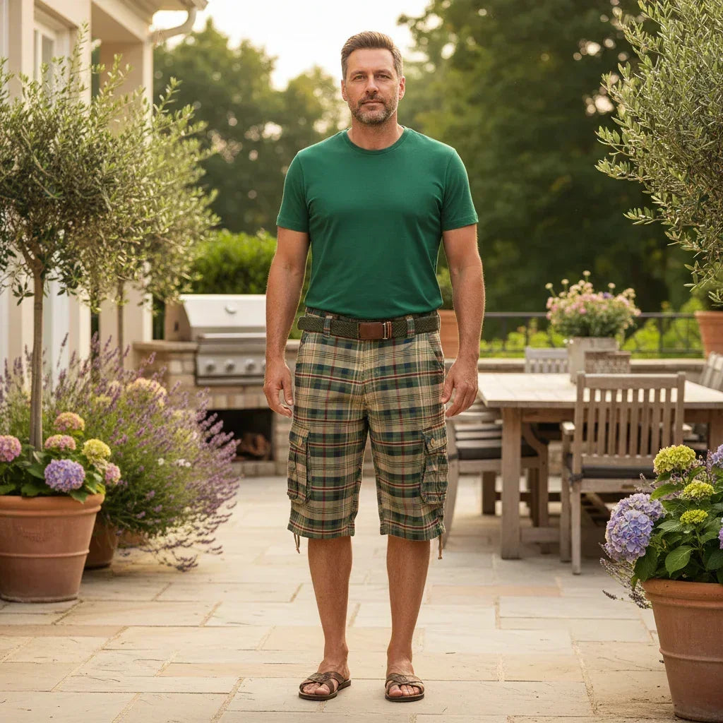 Short cargo homme été coton multipoches plage carreaux - Shorts cargo GoHappy