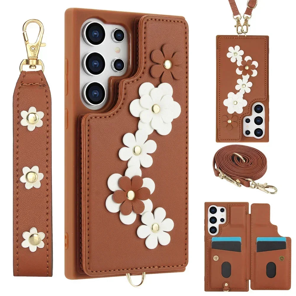 Coque Samsung portefeuille fleurie dragonne bandoulière - coques pour smartphone GoHappy