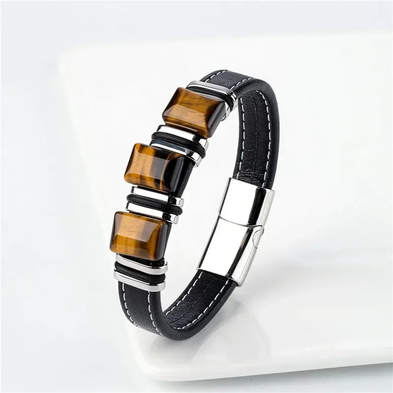 Totem Vital bracelet cuir œil de tigre acier - bracelet homme GoHappy