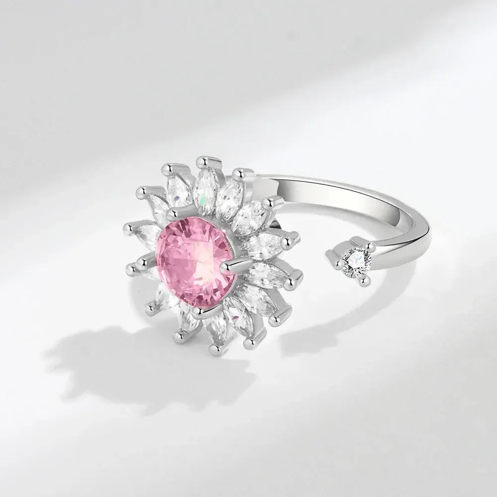 Bagues Spinner Rotatives Fleur Abeille en Cristal Argent Ajustables - bague femme GoHappy