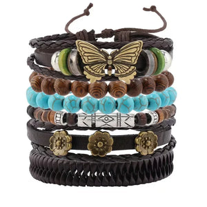Bracelets ethniques en cuir et perles – Lot de 5 à 6 pièces – Style bohème et spirituel - bracelets cuir et pierres GoHappy