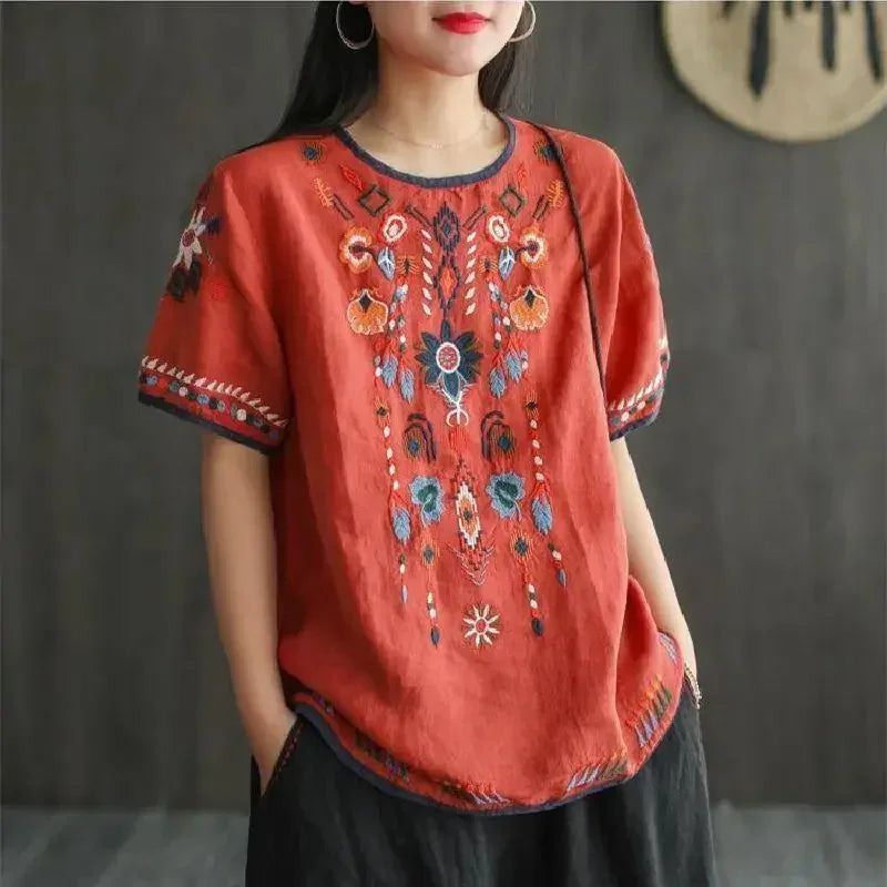 Haut bohème ethnique brodé en coton lin – esprit vintage, coupe ample