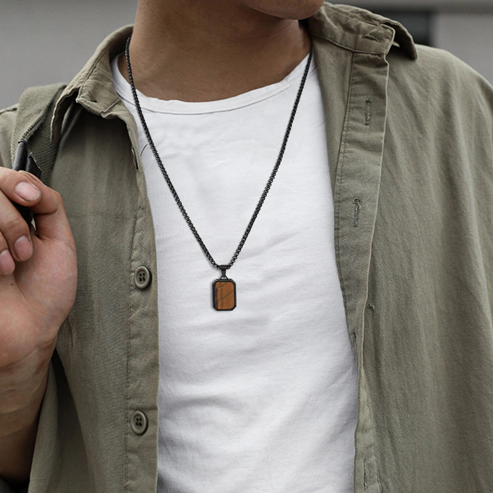 Collier Homme Acier Pierre Naturelle Pendentif Tendance Hip Hop
