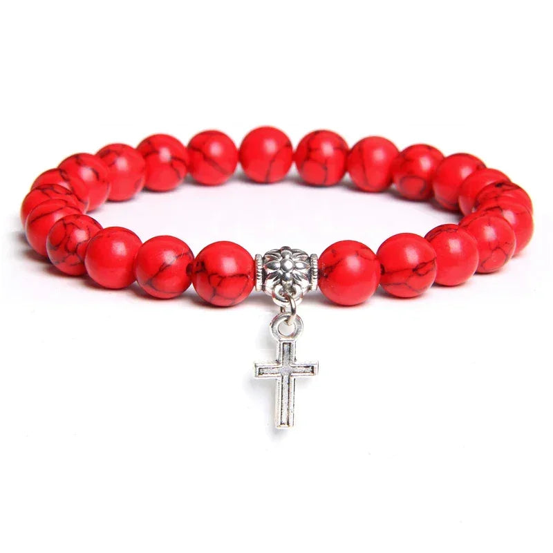 Bracelet Perles Croix Argent Pierre Naturelle Vertus Spirituel - Bracelets GoHappy