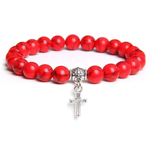 Bracelet Perles Croix Argent Pierre Naturelle Vertus Spirituel - Bracelets GoHappy