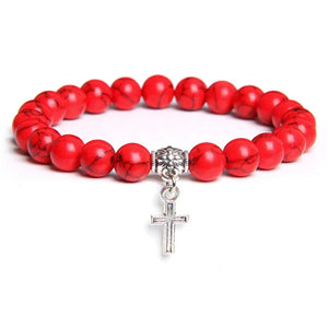 Bracelet Perles Croix Argent Pierre Naturelle Vertus Spirituel - Bracelets GoHappy