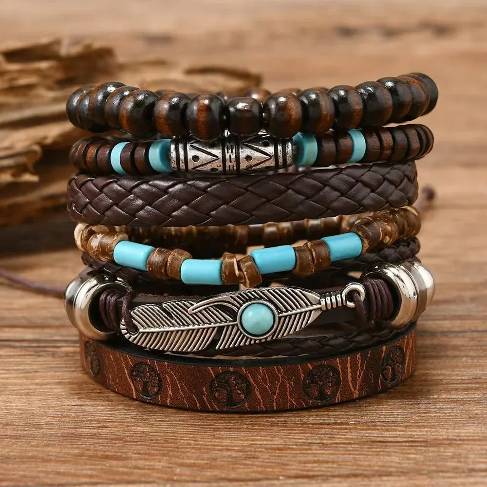 Bracelets ethniques en cuir et perles – Lot de 5 à 6 pièces – Style bohème et spirituel