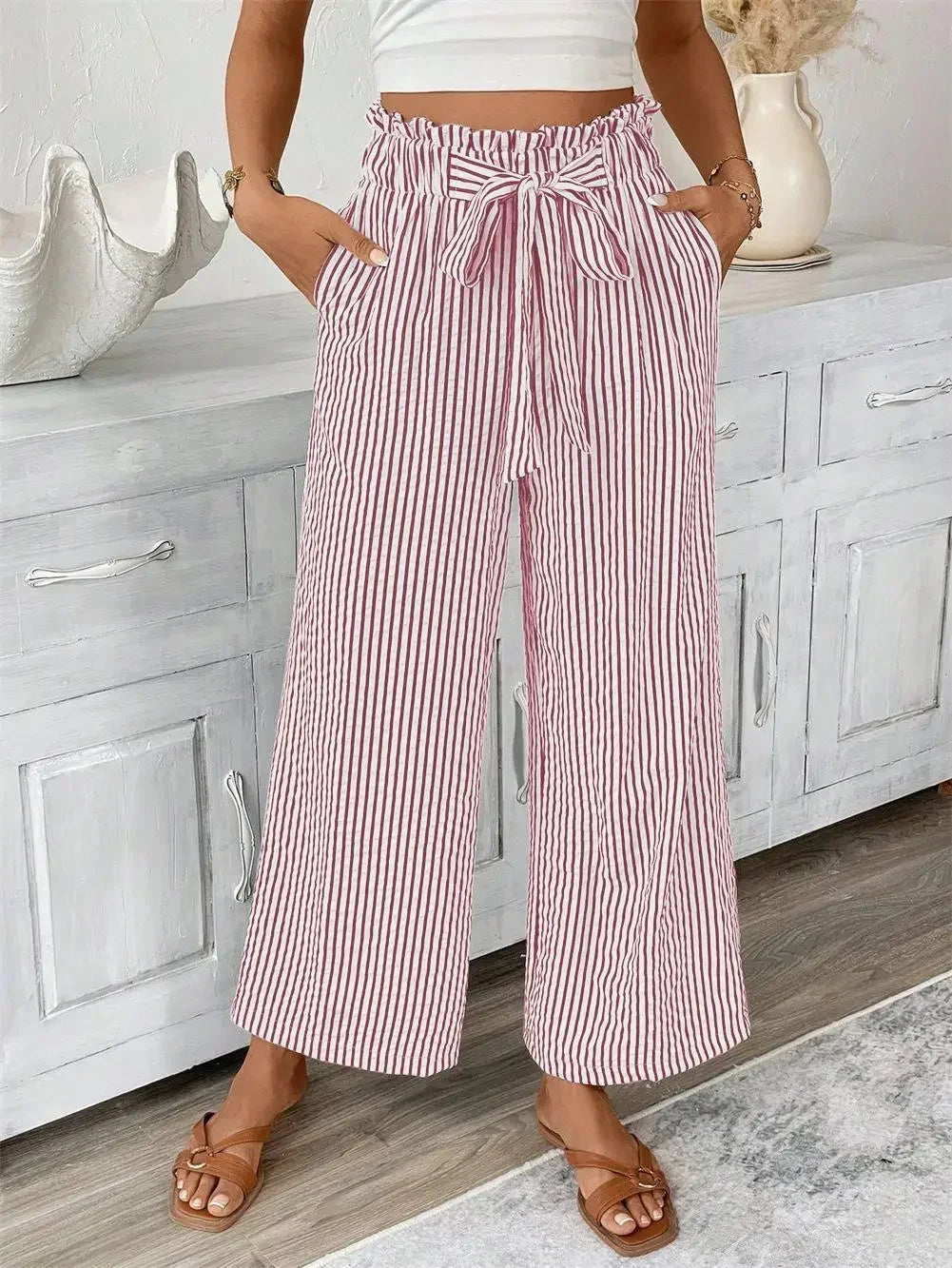 Pantalon Large Rayures Femme Taille Haute Fluide Bohème - pantalons larges GoHappy