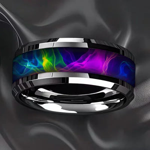 bague homme acier noir motif arc en ciel coloré design moderne GoHappy.fr