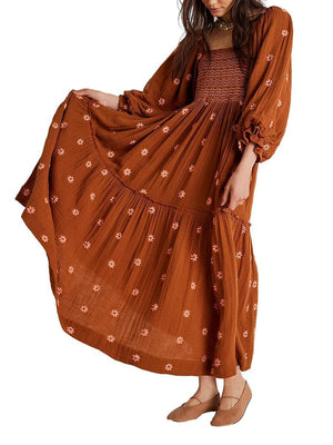 Robe Longue Bohème Trapèze à Volants et Fleurs Brodées - Robe GoHappy