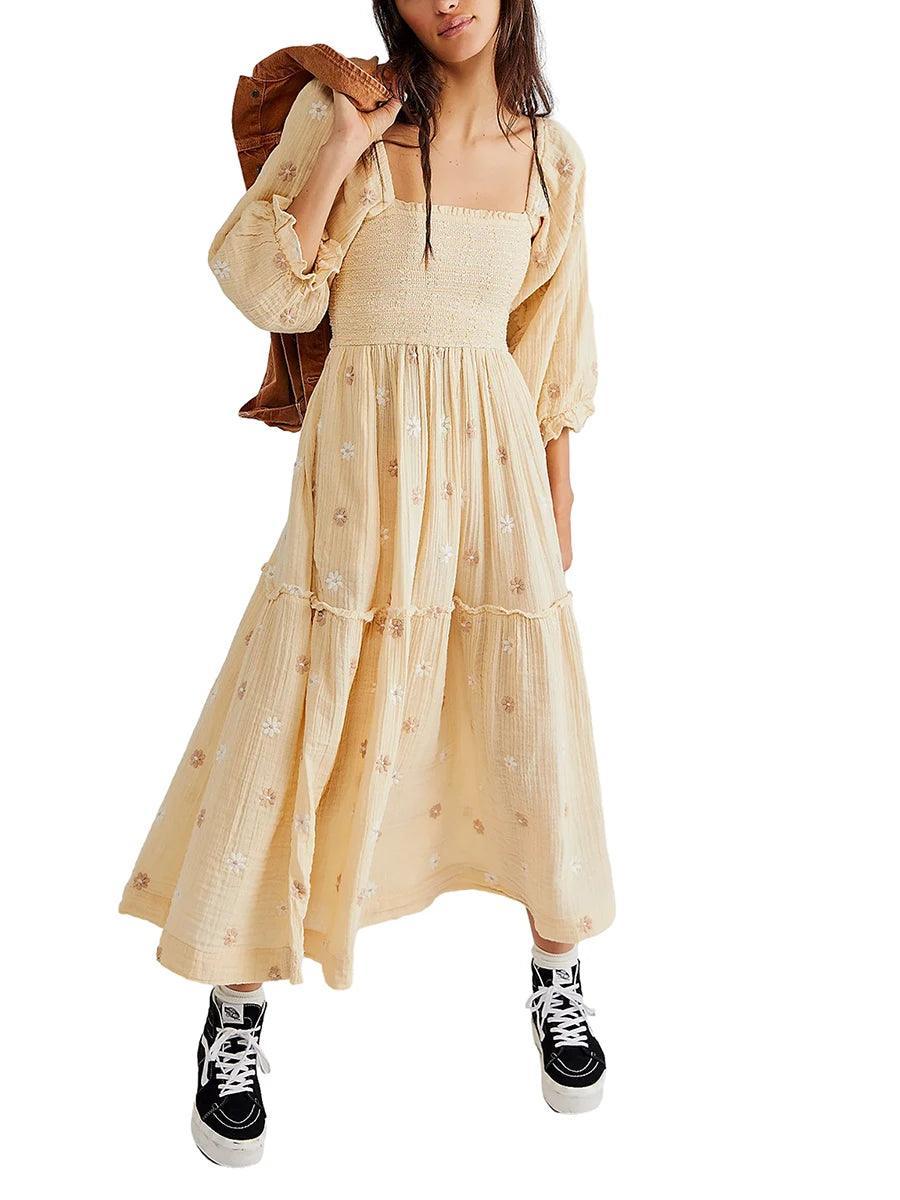Robe Longue Bohème Trapèze à Volants et Fleurs Brodées - Robe GoHappy
