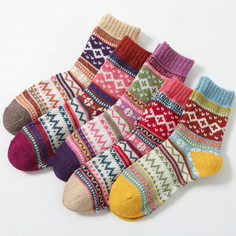 Paires Chaussettes Femme Chaudes Confort Rétro Ethnique Hiver par 5pcs