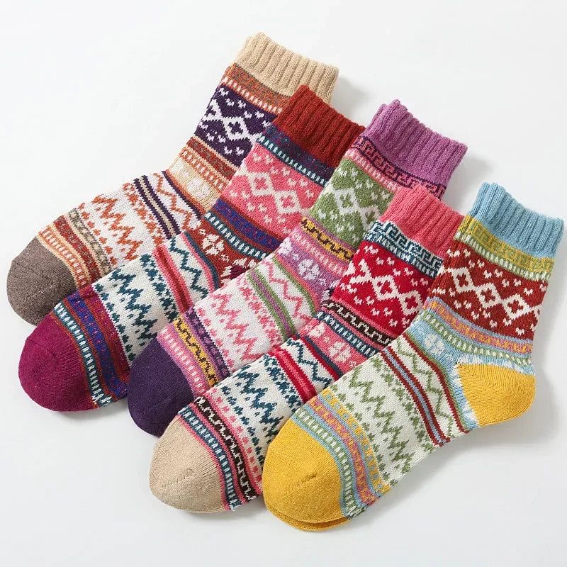 Paires Chaussettes Femme Chaudes Confort Rétro Ethnique Hiver par 5pcs - chaussettes d'hiver GoHappy