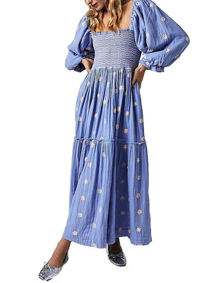 Robe Longue Bohème Trapèze à Volants et Fleurs Brodées - Robe GoHappy