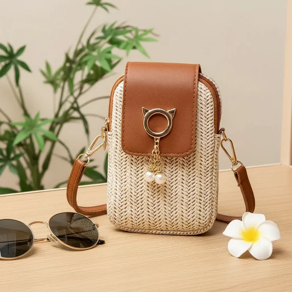Ibiza Pearl mini sac téléphone paille bohème chic - sac bohème smartphone GoHappy