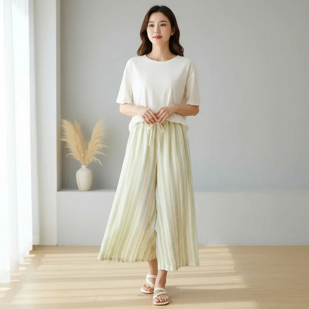 Pantalon Pyjama Femme Coton Crêpe Rayures Ample Taille Élastique - GoHappy