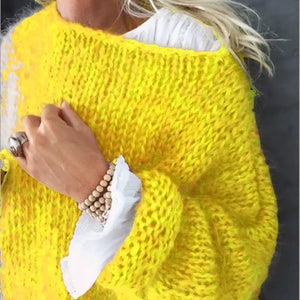 Pull femme Mila jaune soleil maille duveteuse manches longues encolure ronde GoHappy France