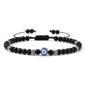 Bracelet Nazar Nuit Mate argentée, perles fines et motif œil bleu | GoHappy France