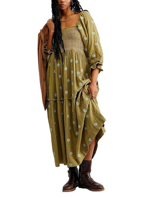 Robe Longue Bohème Trapèze à Volants et Fleurs Brodées - Robe GoHappy