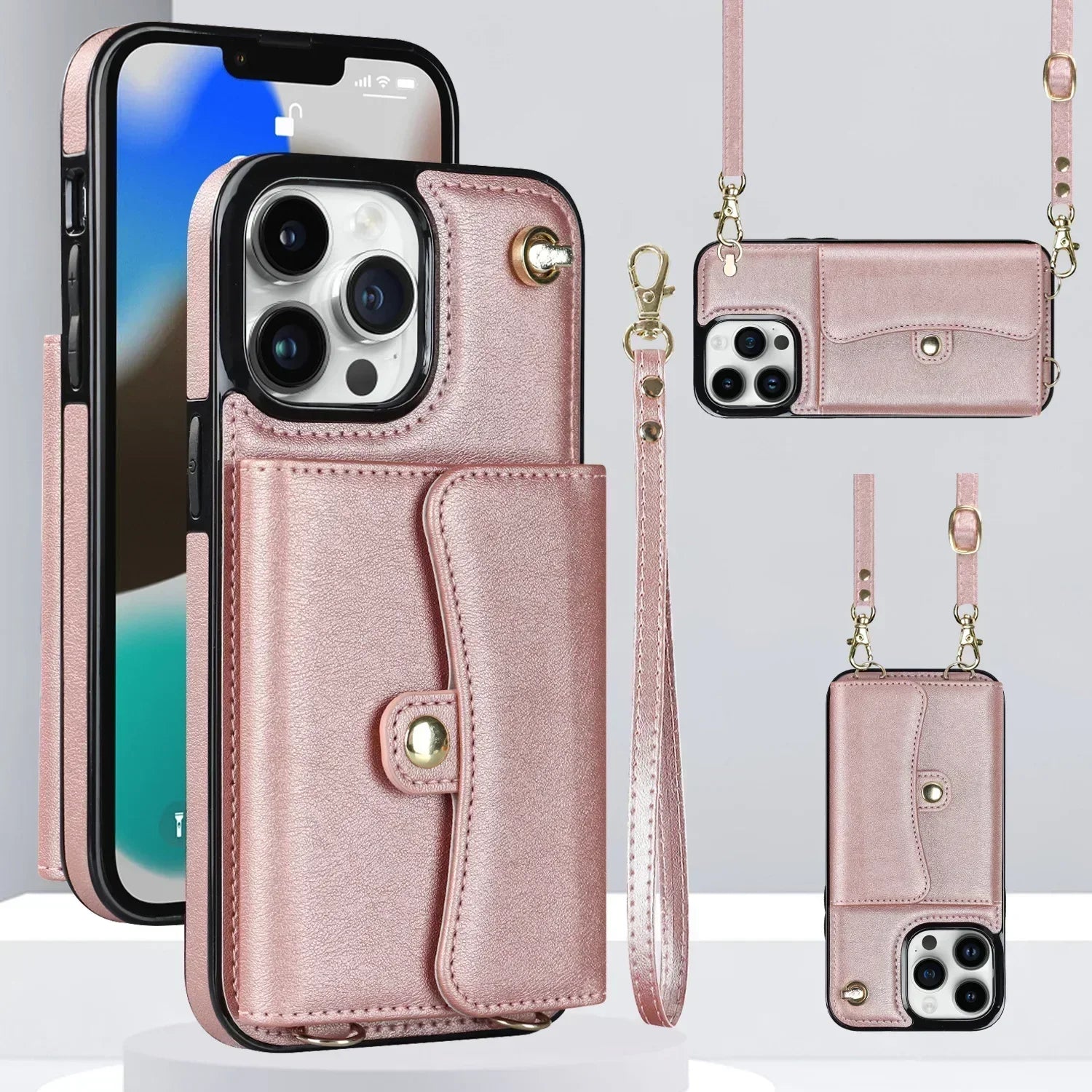 Coque iPhone Portefeuille Bandoulière Multifonction Cuir Élégante