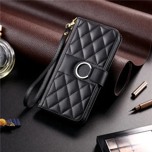 étui de téléphone portefeuille noir en cuir matelassé avec anneau métal GoHappy.fr