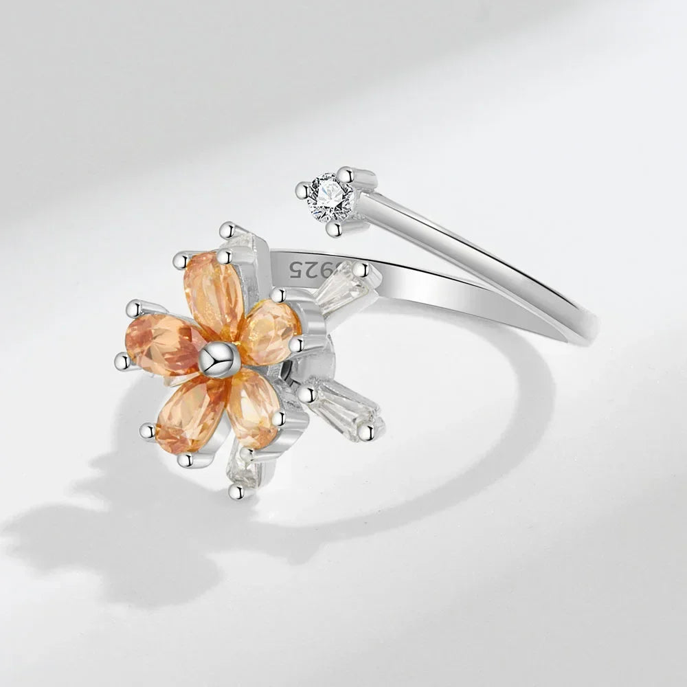 Bagues Spinner Rotatives Fleur Abeille en Cristal Argent Ajustables - bague femme GoHappy