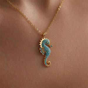 collier hippocampe doré turquoise bijou tendance cadeau femme GoHappy.fr