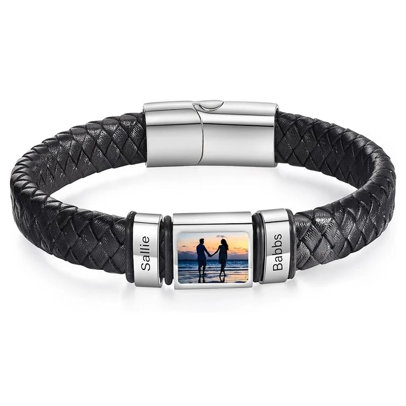 Bracelet en Cuir Homme Personnalisé Photo Famille Prénoms Gravés