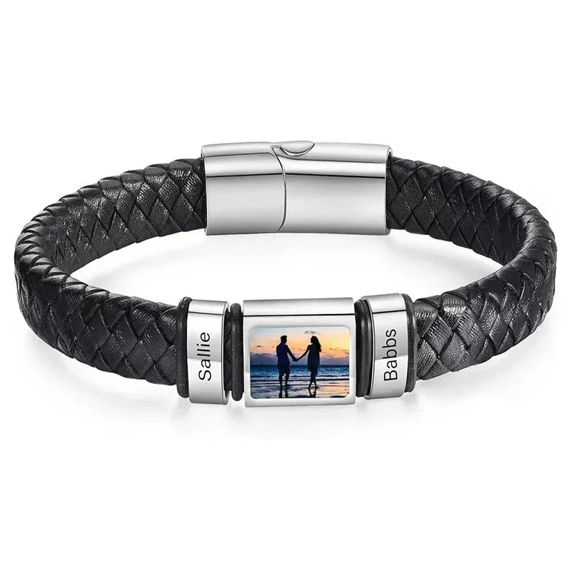 Bracelet en Cuir Homme Personnalisé Photo Famille Prénoms Gravés - bracelet prénoms homme GoHappy