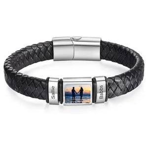 Bracelet en Cuir Homme Personnalisé Photo Famille Prénoms Gravés - bracelet prénoms homme GoHappy