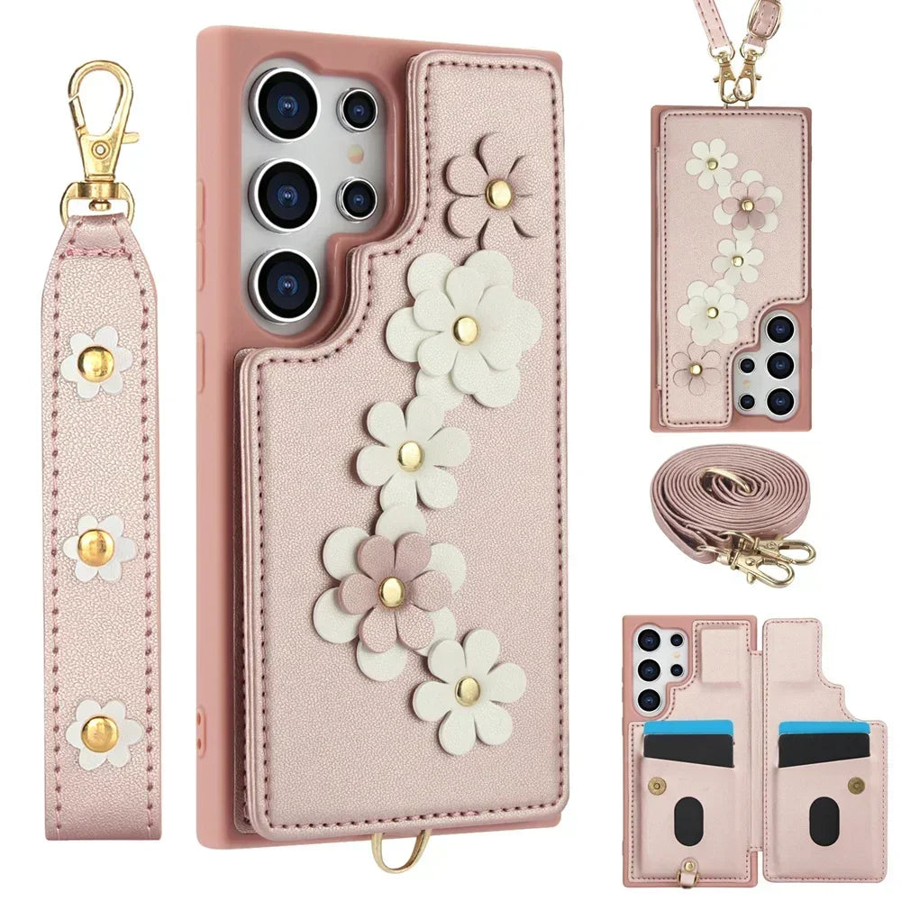 Coque Samsung portefeuille fleurie dragonne bandoulière - coques pour smartphone GoHappy