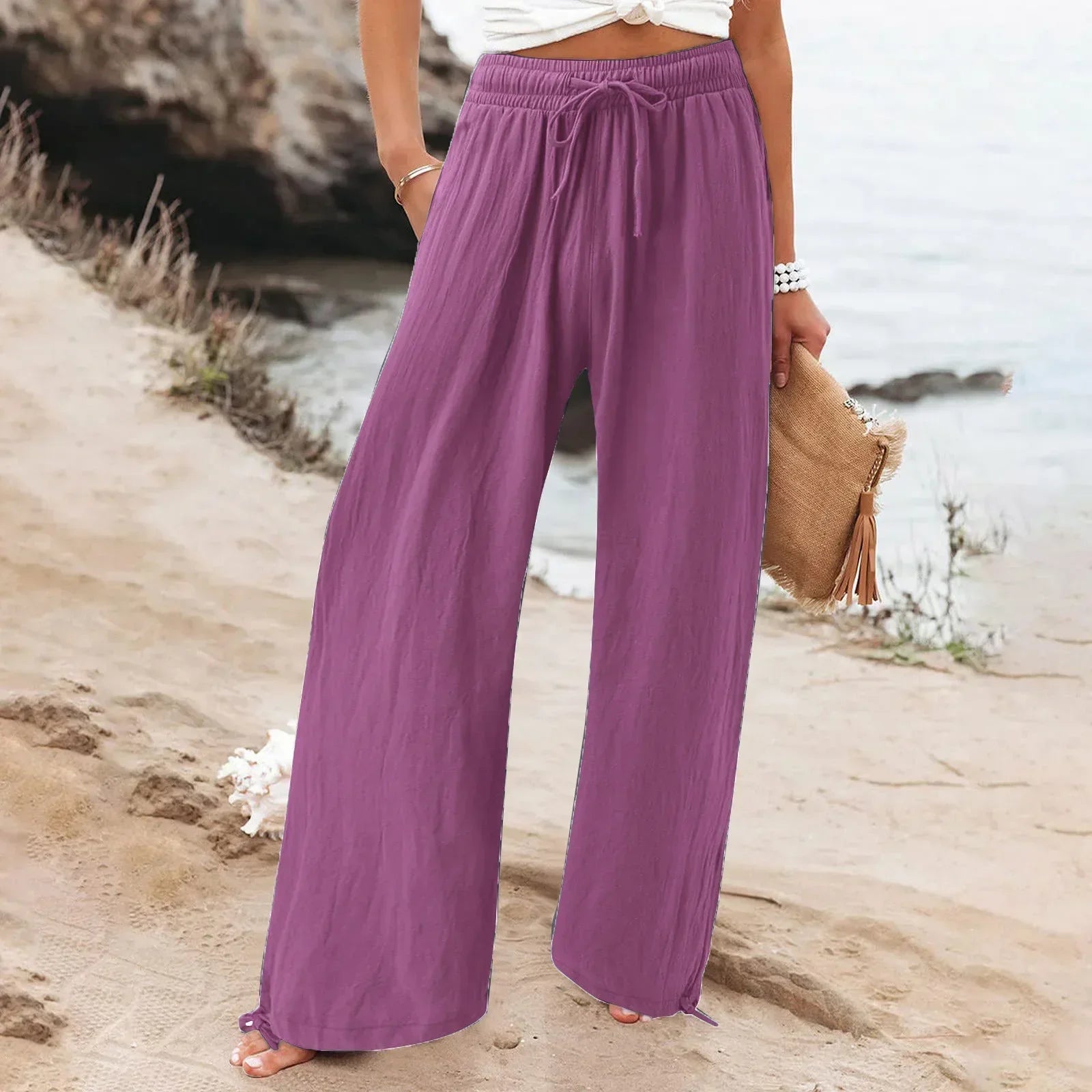 Pantalon Large Femme Fluide Été – 18 Coloris, Poches, Taille Élastique - pantalon fluide femme GoHappy