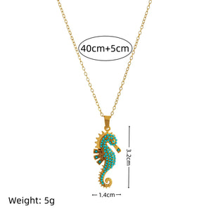 collier hippocampe doré turquoise 40cm+5cm bijou femme tendance GoHappy.fr