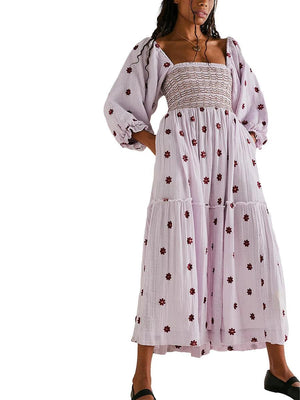 Robe Longue Bohème Trapèze à Volants et Fleurs Brodées - Robe GoHappy