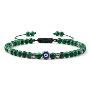 Bracelet Nazar Vert Forêt argenté, perles fines et motif œil bleu | GoHappy France