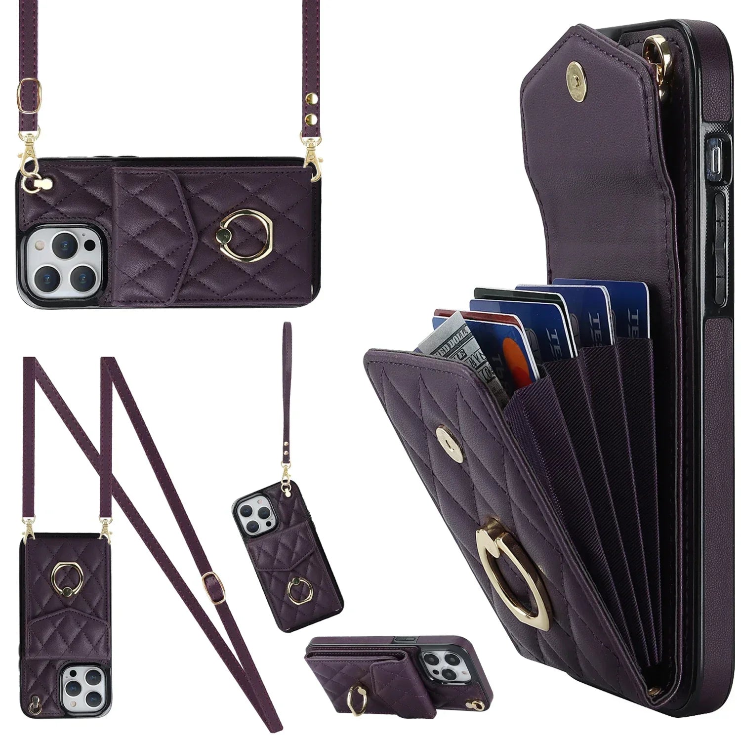 Coque Portefeuille Matelassée Bandoulière iPhone Apple 11 au 16 & plus - coque pour smartphone GoHappy