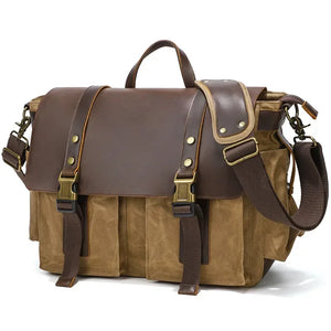 sac bandoulière vintage en cuir marron et toile beige style sacoche voyage GoHappy.fr