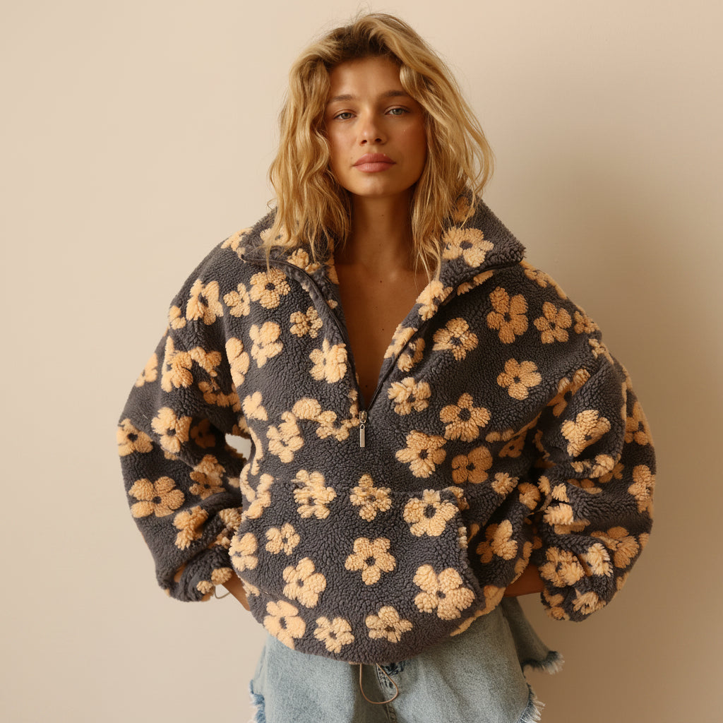 Pull Sweat Sherpa Fleurs Femme Doux Chaud Ample Style Cocooning - sweat-shirt GoHappy