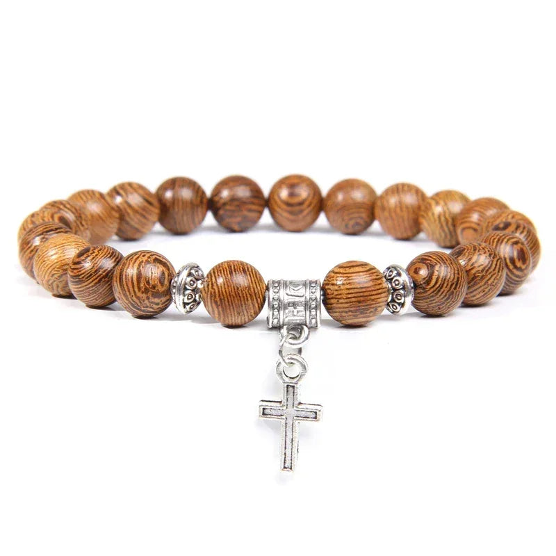 Bracelet Perles Croix Argent Pierre Naturelle Vertus Spirituel - Bracelets GoHappy