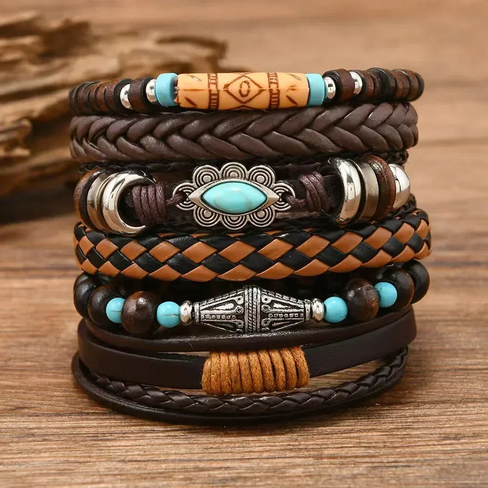 Bracelets ethniques en cuir et perles – Lot de 5 à 6 pièces – Style bohème et spirituel - bracelets cuir et pierres GoHappy