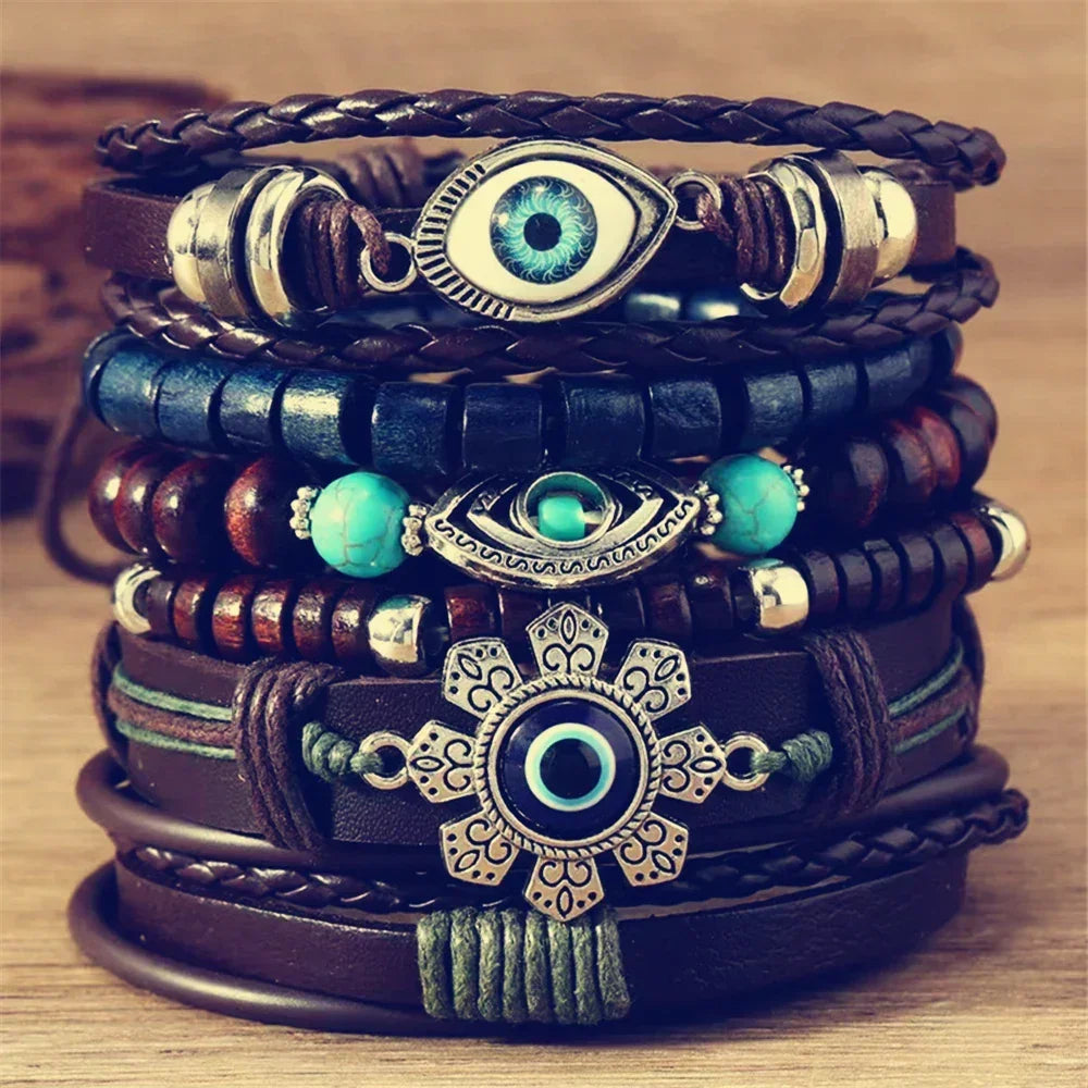 Bracelets ethniques en cuir et perles – Lot de 5 à 6 pièces – Style bohème et spirituel - bracelets cuir et pierres GoHappy