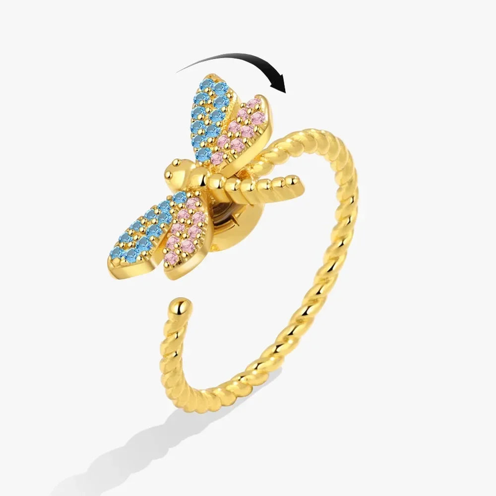 Bagues Spinner Rotatives Fleur Abeille en Cristal Argent Ajustables - bague femme GoHappy
