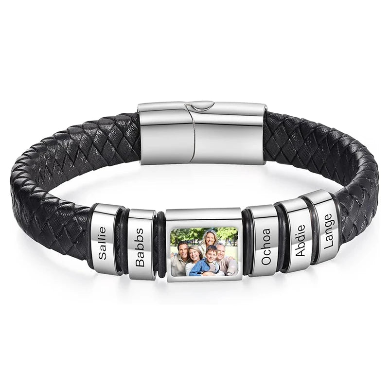 Bracelet en Cuir Homme Personnalisé Photo Famille Prénoms Gravés