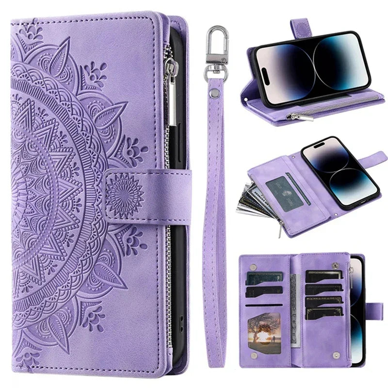 Protection iPhone Mandala Zip Portefeuille Cuir Gaufré Porte-Cartes - Coques pour téléphones portables GoHappy