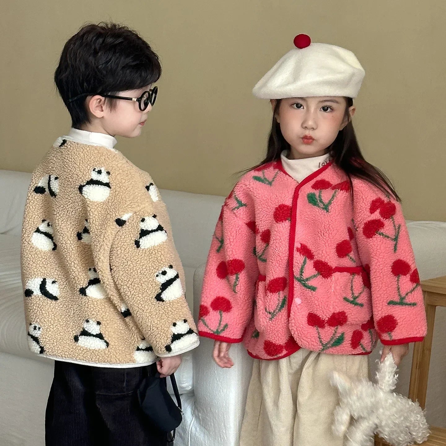 Manteau Enfant Laine Agneau Motifs Fleurs Épais Doublé Velours Hiver - manteau enfant GoHappy